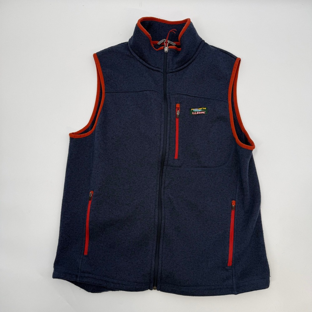 LL Bean Womens Medium Vest Navy Blue Orange Sweater Fleece Full Zip Pockets
